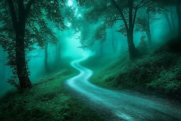 Obraz premium Winding path through misty, emerald forest