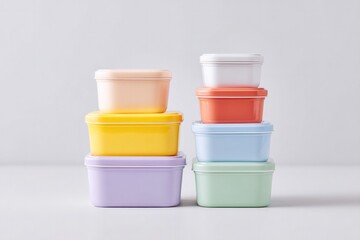 variety of colorful lunch boxes neatly organized against plain white background