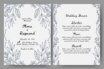 Wedding invitation and menu set with hand drawn floral illustration. floral frame line art style. Perfect for card, poster, flyer