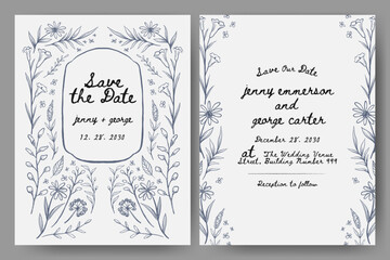Wedding invitation with hand drawn floral illustration. Whimsical floral frame. Perfect for card, poster, flyer