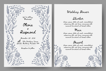 Wedding invitation and menu set with hand drawn floral illustration. floral frame line art style. Perfect for card, poster, flyer