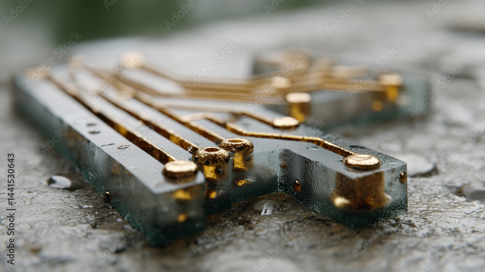 Poster circuit board detail: a close-up shot of a partially submerged circuit board with golden connectors,