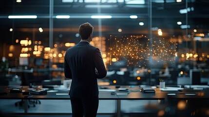 Ethical leadership in AI and emerging technologies, Future of ethical leadership in AI and emerging technologies A businessman gazes out at a glowing cityscape, envisioning future opportunities.