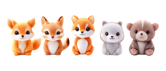 A row of five cute, fluffy, stylized baby animal plush toys including foxes and a bear isolated on transparent background.