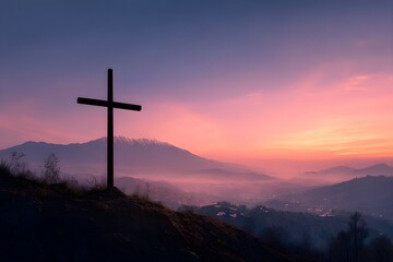 Easter concept: Silhouette cross on mountain at sunset background