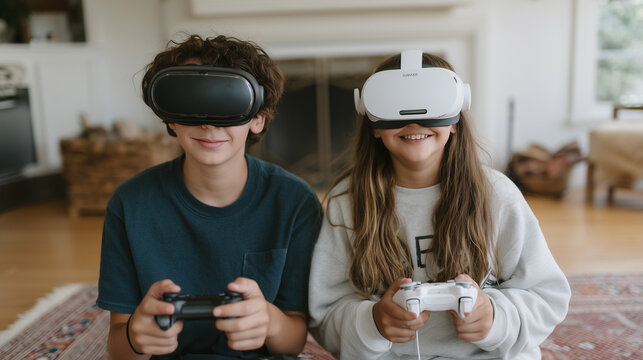 VR Fun for Siblings: Two smiling siblings, a boy and a girl, enjoy an immersive virtual reality gaming experience together, each wearing a VR headset and holding a controller.