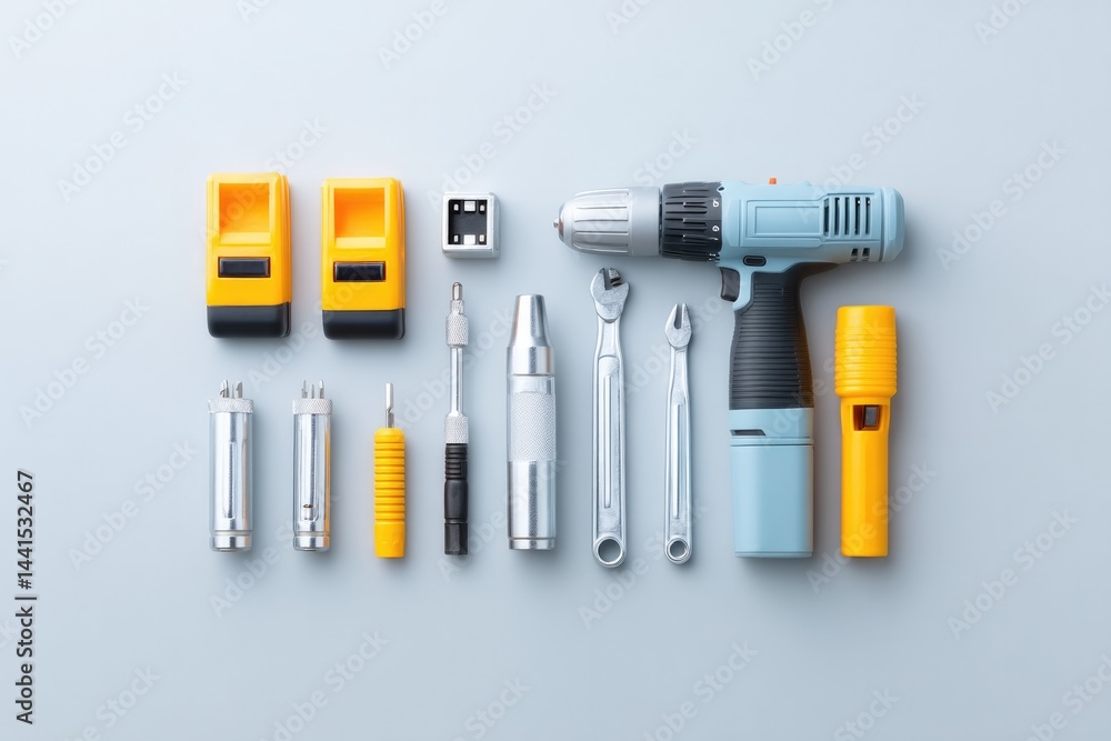 Poster abstract composition of neatly arranged electrical tools and components on white surface