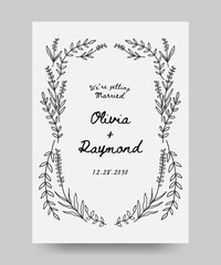 Wedding invitation save the date poster with hand drawn floral illustration. floral frame line art style. Perfect for card, poster, flyer