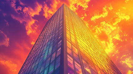 Sunlight reflecting off metallic skyscrapers, A dramatic perspective of towering skyscrapers bathed in vivid red and orange light, Low angle view of skyscrapers in a dramatic red cloudy sky view.