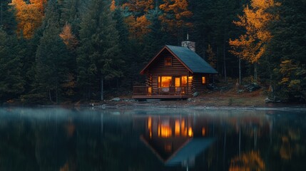 Fototapeta premium Serene Autumn Evening at a Lakeside Cabin