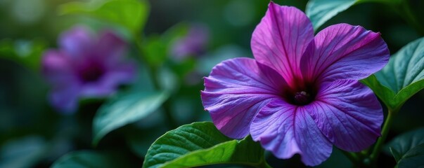 Intense violet petals, lush green leaves, close-up detail, color, green leaves