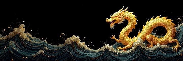 Obraz premium Intricate golden waves form a dragon silhouette on black, art, texture, modern
