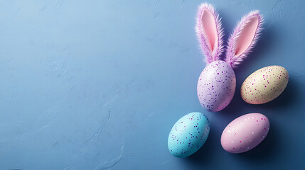 Easter eggs and bunny ears on blue textured background for easter celebration festive seasonal holiday decoration pastel colors and copy space