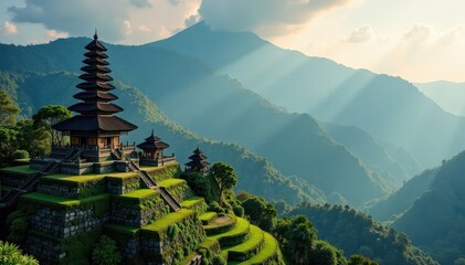 Majestic Balinese temple overlooking terraced rice paddies and dramatic mountain backdrop , photography, view