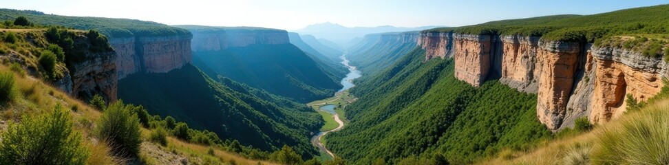 Naklejka premium Panoramic view of Asbyrgi canyon from Eyjan rock, dramatic cliffs and lush vegetation , summer, dramatic