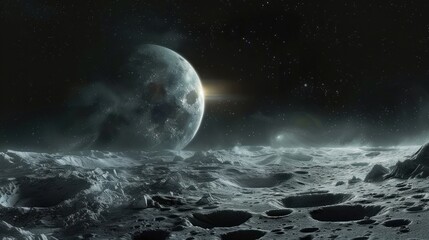 Fototapeta premium Desolate lunar surface with numerous craters under a starry sky and a large, illuminated planet on the horizon creating a mysterious and tranquil extraterrestrial atmosphere