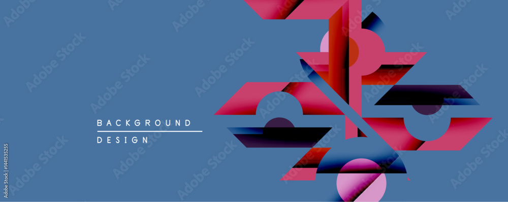 Poster Abstract geometric composition. Pink, black, blue shapes overlap creating dynamic visual effect. Modern design suitable for backgrounds, presentations. Minimalist style.