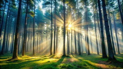 Magical Misty Forest Sunlight, Enchanting Woodland, Sunbeams Through Trees, Mysterious Woods, Fantasy Nature Photography