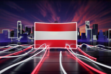 Naklejka premium Austria Flag Neon Light Cityscape Background