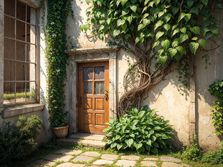 cozy door in garden wall to old fashioned  style home
