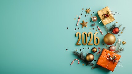 Fototapeta premium Festive teal background featuring 2026, gifts, ornaments, candy canes, and stars