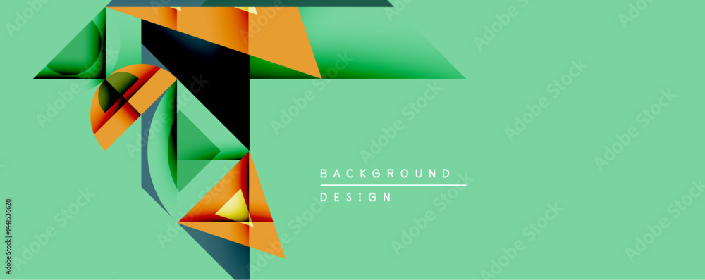 Poster Abstract geometric composition. Overlapping shapes create dynamic visual effect. Orange, green, black hues dominate light background. Modern design element.