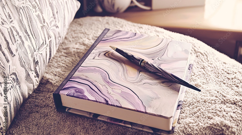 Aufkleber open book with a pen resting on a bed creating an inviting and cozy space for relaxation and writing