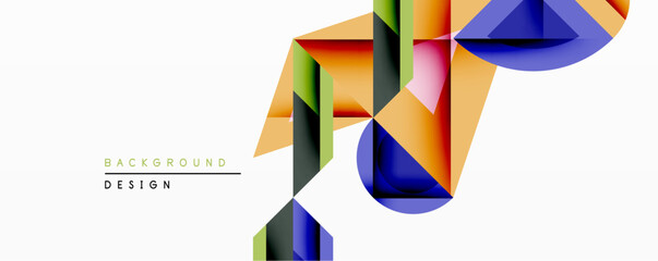 Abstract geometric design features vibrant overlapping shapes. Orange, blue, green hues create dynamic composition against white backdrop. Modern style, clean lines, gradient effects present.