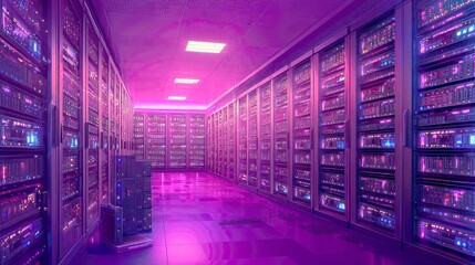 Fototapeta premium Cyberpunk Server Room: Neon Lights and Futuristic Tech