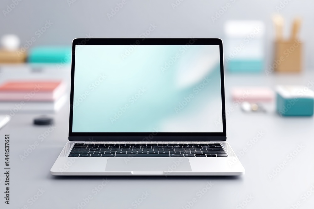 Poster open laptop with blank screen on white table in minimalistic workspace