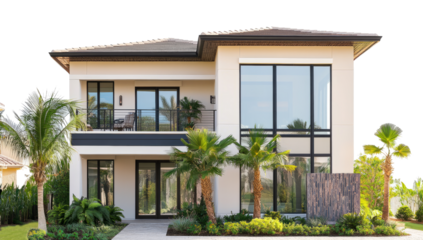 Modern Two-Story House Exterior with Palm Trees Landscaping