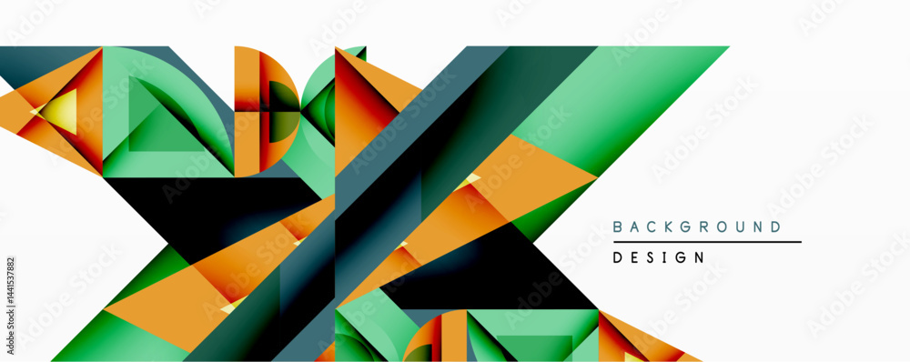 Poster Abstract geometric composition. Polygons overlap, creating dynamic visual effect. Orange, green, dark shades dominate design. Modern style, clean lines, minimalist aesthetic.