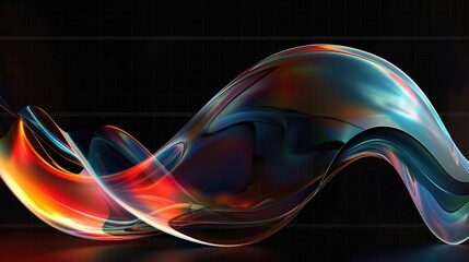 smooth flowing abstract wave with vibrant colors of red, orange, blue, and teal on a dark grid background, evoking a sense of fluidity and motion