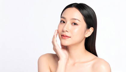 Asian woman touching her face with radiant skin white background