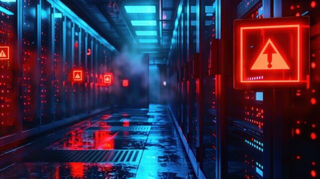 Dimly lit data center corridor with red warning lights and reflective wet floor creating an eerie and tense atmosphere