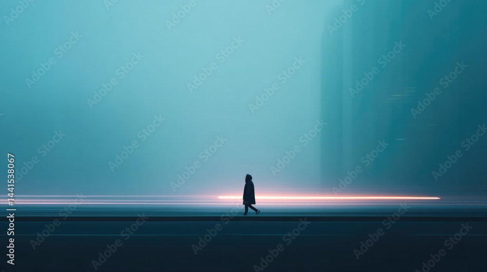 Poster capture blurred urban backdrop with solitary individual of any race or age creating minimalistic por