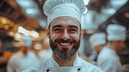 Happy chef in busy kitchen