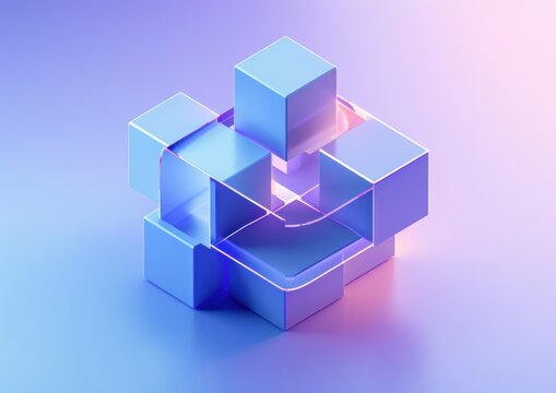 Fototapeta Glowing futuristic arrangement of translucent blue cubes with neon pink edges on a smooth gradient background, evoking a high-tech and abstract atmosphere