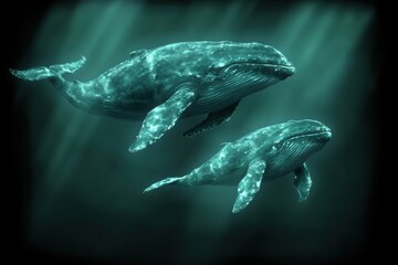 Naklejka premium Two whales swim gracefully underwater with light filtering from above.