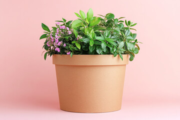 Fototapeta premium A beige flowerpot with lush green plants and small purple flowers against a pastel pink background.