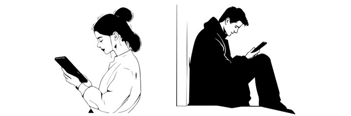 silhouette, black and white, smartphone, mobile phone, hand holding phone, person with smartphone, man silhouette, woman silhouette, mobile device, digital device, minimalistic, monochrome, communicat