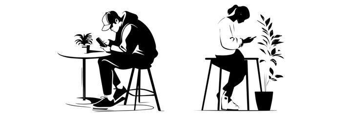 silhouette, black and white, smartphone, mobile phone, hand holding phone, person with smartphone, man silhouette, woman silhouette, mobile device, digital device, minimalistic, monochrome, communicat