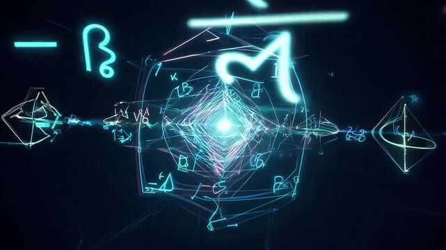 Glowing Science Math Formula Flying From Black Background Towards Camera
