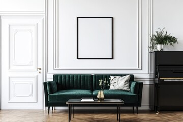 Elegant living room scene with dark green sofa.