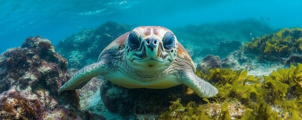 Fototapeta premium Close up of a sea turtle in marine environment.
