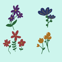Set of Hand drawn Flowers with branch and leaves with blue background