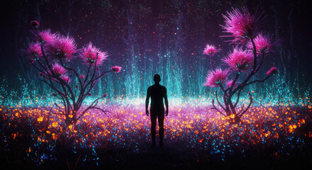 Person silhouette standing in glowing mystical fantasy landscape night.