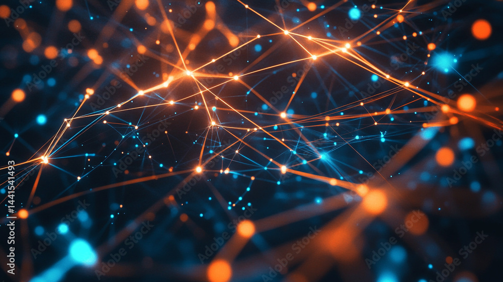 Poster abstract connectivity in data flow description with network connected various lines and glowing effe