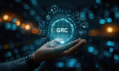 Hand holding a glowing digital globe with the letters GRC surrounded by holographic icons in a futuristic blue and orange bokeh background, symbolizing technology and data management