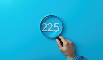 Close-up of a hand holding a magnifying glass focusing on the number 225 against a bright blue background, symbolizing inspection or discovery